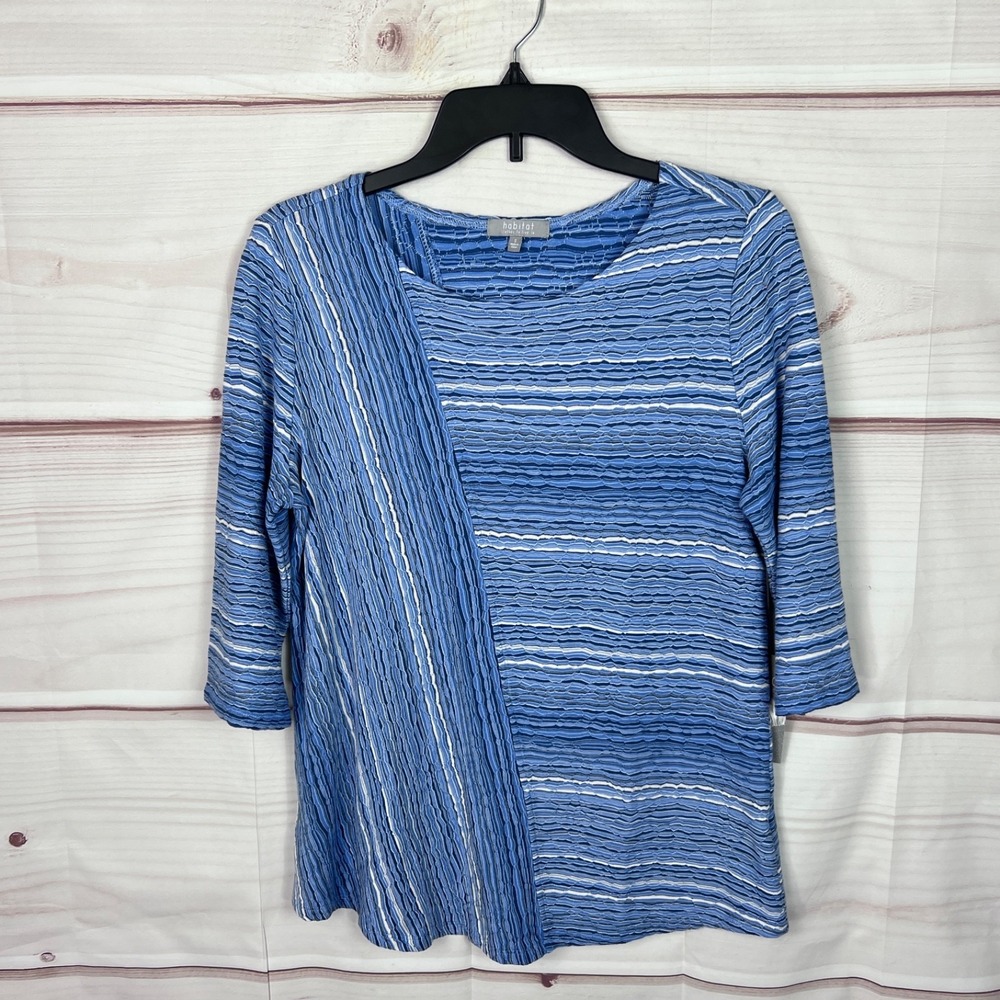Habitat Top Womens Small Blue Striped Blouse Boat Neck Textured Knit 3/4 Sleeve